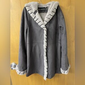 Jones New York Gray Faux Suede Faux Fur Jacket Coat Womens Size M  Buttonup Soft